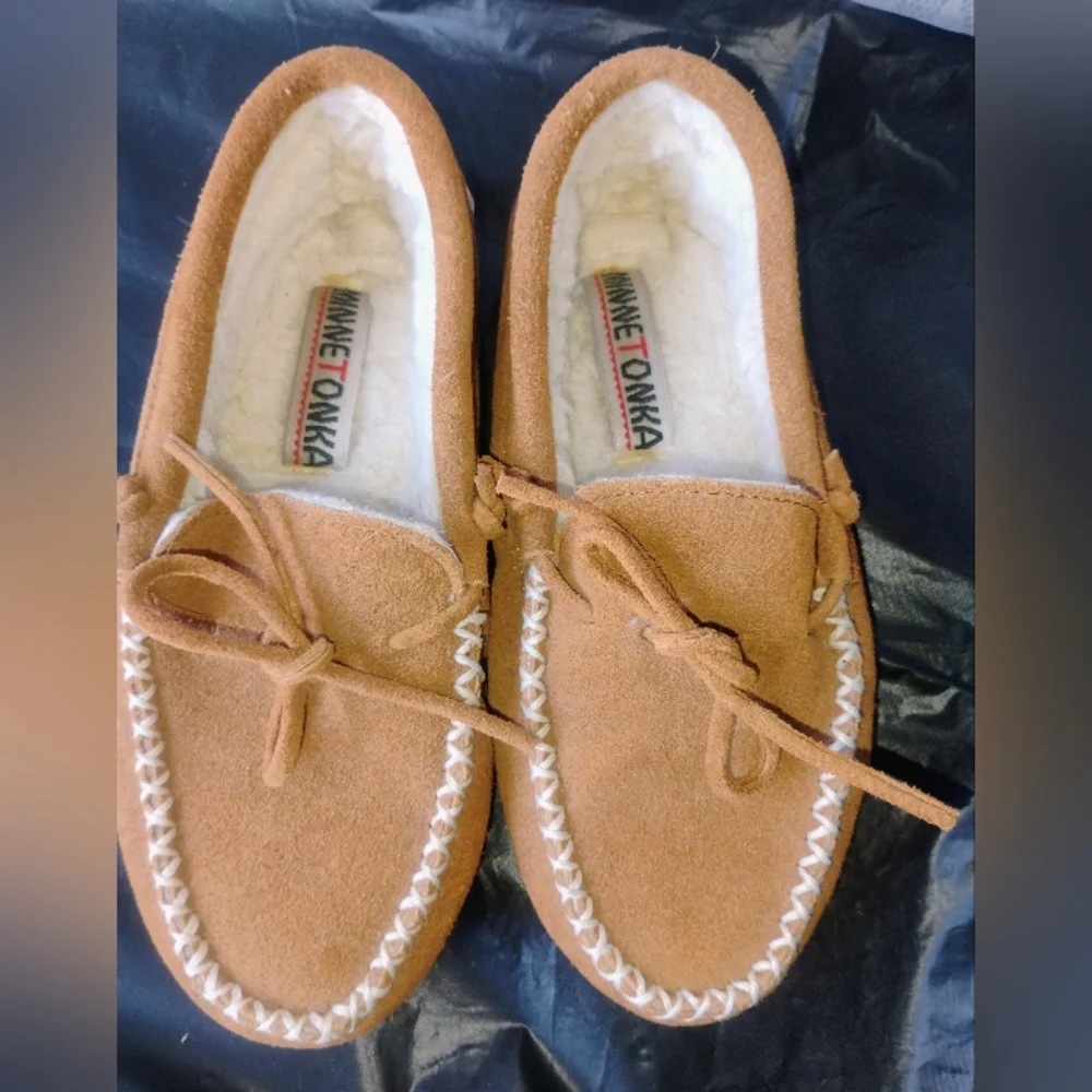 Minnetonka Brown Suede Moccasins with White Trim